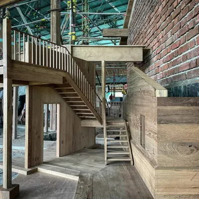 A 1:5 scale architectural model of a staircase, built on site to study the materials, proportions, and construction details. This kind of large-scale model is invaluable for exploring complex conditions before building the final piece.