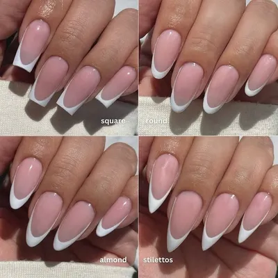 Not sure which nail shape is for you? This guide shows four of our most requested shapes on a classic French manicure: the elegant square, the versatile round, the trendy almond, and the dramatic stiletto.
