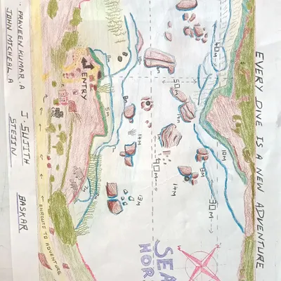 This is a close-up of my hand-drawn map for the 'Sea Horse' dive site. I chart out the entry points, depths from 5 to 15 meters, and key underwater landmarks to give you a clear mental picture of our adventure before we begin.
