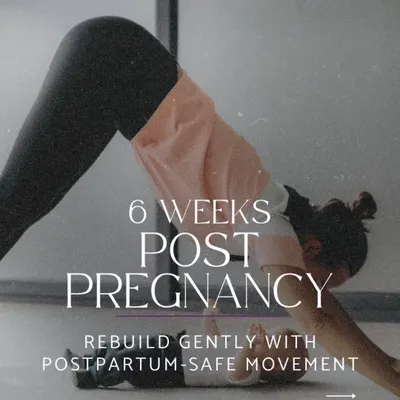 The 6-week checkup doesn't mean you are fully recovered. This image, showing a gentle downward dog, reminds us to rebuild gently with postpartum safe movement and to be patient with our bodies.