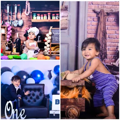 A collage showcasing three different themes for a one-year-old: little chef, boss baby, and a rustic cowboy setup.