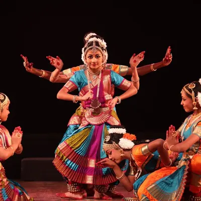 A beautiful group formation from our performance at the Sadhana Classical Dance Festival. The central dancer portrays a multi-armed deity, a visually complex and stunning piece of choreography.