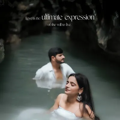 An ethereal and romantic shot of the couple in the calm waters of Robber's Cave in Dehradun. The soft light and serene expressions make this a truly magical portrait.