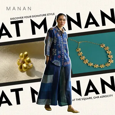 A collage showcasing the signature style of Manan, featuring a modern indigo outfit paired with elegant, contemporary jewelry. It's fashion that makes a statement.