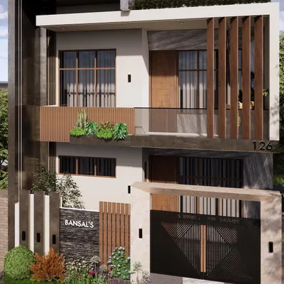 A closer look at the facade design for the Bansal's residence. We've used vertical wooden louvres to add texture and privacy while creating a strong visual element. The combination of a sleek gate design, stone cladding, and integrated planters gives the entrance a sophisticated and modern feel.