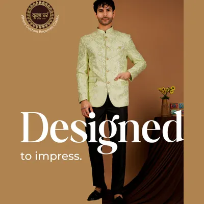 Designed to impress. This lime green brocade Bandhgala jacket paired with black trousers is a fresh and modern choice for any festive occasion.