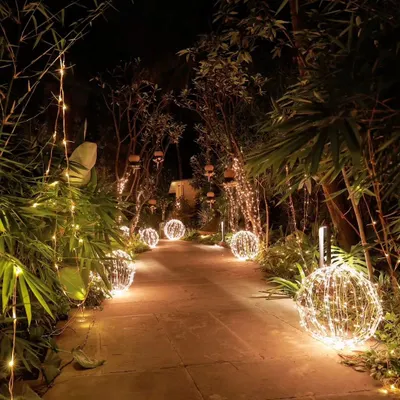 A magical walkway I created for a night event, lined with glowing orbs and hanging fairy lights. The path, surrounded by bamboo, guides guests through a forest of light, setting a dreamy tone for the evening.