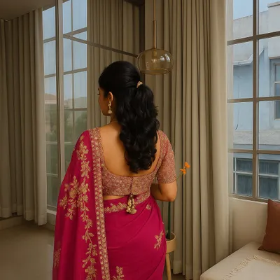 This elegant half-up ponytail with soft curls is a timeless choice. It’s a versatile style that works beautifully with a saree or a lehenga, perfect for an engagement or reception.