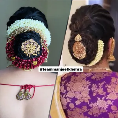 On the left, you can see a beautiful South Indian low bun hairstyle I recreated for a bride, based on the reference picture she showed me on the right. I love bringing your vision to life with details like fresh flowers and traditional hair accessories.