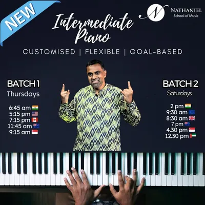 For our intermediate and advanced players, we offer customized and flexible piano batches. These modular classes meet weekly to tackle specific goals like inversions, arpeggios, and accompaniment, with convenient time slots for students across the globe.