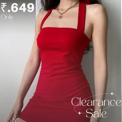 A classic red halter neck mini dress, now available at a special clearance price. Perfect for parties and nights out.