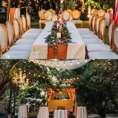 A collage showing an elegant wedding cocktail party that looked stunning both day and night. The long table setup and intimate cocktail tables show the versatile seating arrangements we can create.