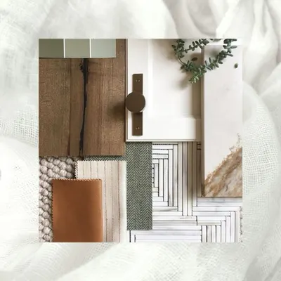 A mood board that captures the essence of our organic luxury style. It combines natural wood, earthy green and brown fabrics, textured tiles, and brushed metal hardware to create a palette that is both timeless and warm.