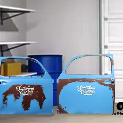 We were commissioned by Sultanpur Customs in Delhi to create these unique art pieces on car doors. The design features a rustic, weathered effect combined with a clean, custom logo, perfect for an auto shop's decor.
