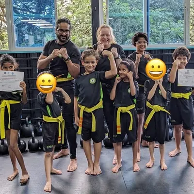 A proud moment for our new yellow belts. This group photo captures the joy of achievement after a successful grading, showcasing the discipline and passion of our little and junior Kikkers.