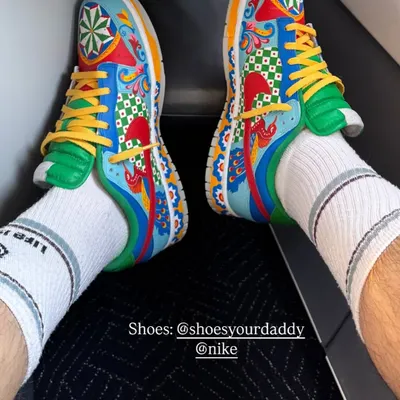 A custom pair of Nike Dunks I painted for the talented musician Rishabh Rikhi Ram Sharma, seen here on a flight. The design is inspired by traditional Indian motifs to reflect his unique blend of classical and modern music.