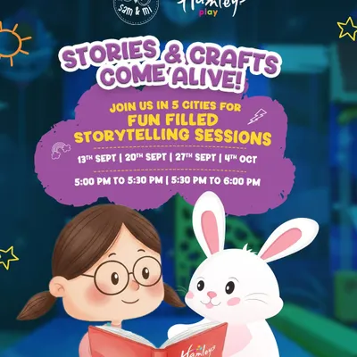 Stories and crafts come alive here! This poster announces our fun-filled storytelling sessions in five cities, where kids can listen to tales and make their own DIY buntings.