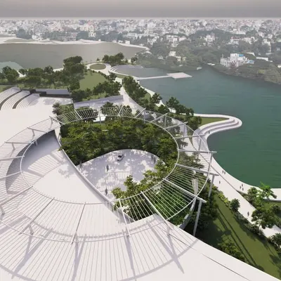 This is a sneak peek of a state-of-the-art, 12-acre headquarters for an EV motor company. The design is eco-conscious and sustainable, reshaping the future of transportation while honoring its natural, hidden-away setting.