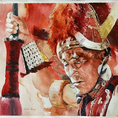 Fresh from the easel, this watercolor on Arches paper captures a Naga warrior in a moment of quiet reflection. I focused on the fine details of the traditional headdress and the expressive look on his face.