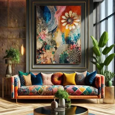 Add a burst of joy to your home with the "Dopamine Decor" trend. This living room setup features a vibrant, maximalist painting that energizes the space, paired with colorful furnishings to create a happy haven.