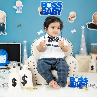 The Boss Baby is in charge. This is one of our most requested themes, complete with a briefcase, money props, and a tiny boss chair.
