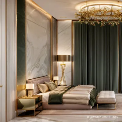 This master bedroom exudes opulence with its floor-to-ceiling marble and gold-trimmed wall panels. We used a statement chandelier and heavy velvet curtains to create a sense of drama and luxury, while the soft bedding ensures comfort.