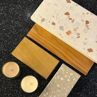 The best part about working with terrazzo is the sampling. This mood board shows how we experiment with different terrazzo mixes, wood, and other materials to customize a palette that matches our client's vision.