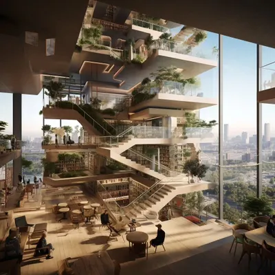 An AI-generated exploration for a communal library space in a hostel, imagining a multi-level atrium with integrated greenery and views of the city.