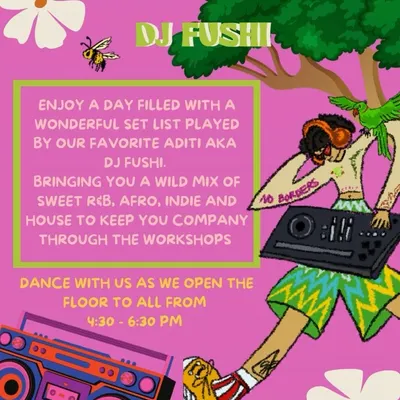 An announcement for a vibrant workshop day at our studio, featuring block printing, embroidery, live music, and a community mural. We love creating multi-sensory experiences for our guests.