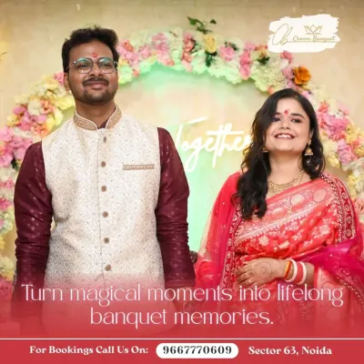 A beautiful portrait of a couple at their engagement ceremony. The floral backdrop with a "Together" neon sign provides a romantic and modern setting for celebrating your love.