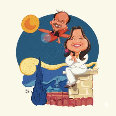 A whimsical anniversary gift where I illustrated a couple's story against a 'Starry Night' inspired sky. This shows how your personal narrative can become a piece of romantic art.