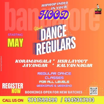 We're in your hood. This poster announces our regular classes for Popping, Locking, Waacking, and more across various Bangalore locations like Koramangala, HSR Layout, and Jayanagar.