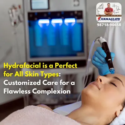 A client enjoying a HydraFacial session with our advanced equipment. The technology allows for customized care, ensuring the treatment is perfectly suited for your skin type, whether it's oily, dry, or sensitive, for a flawless complexion.