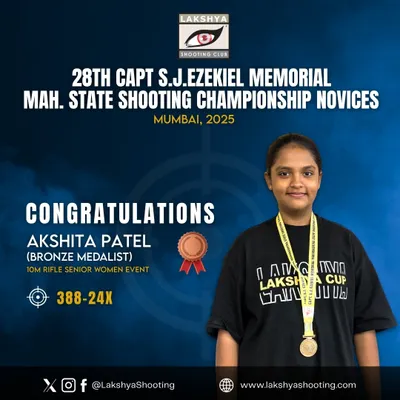 Congratulations to Akshita Patel on her bronze medal in the 10M Rifle Senior Women event at the Maharashtra State Shooting Championship. Her achievement is a proud moment for our Vasai branch.