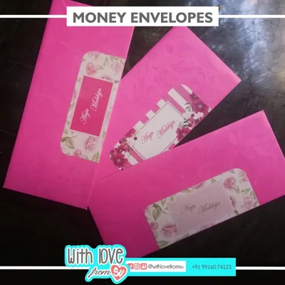 A set of three personalized money envelopes with custom floral labels. These are a beautiful way to present cash gifts for any special occasion, from weddings to festivals.