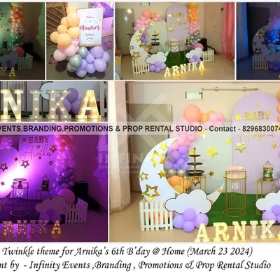 A dreamy "Twinkle Twinkle Little Star" theme for a sixth birthday at home. The setup features a moon and stars backdrop, a semi-arch of pastel balloons, and light-up marquee letters.