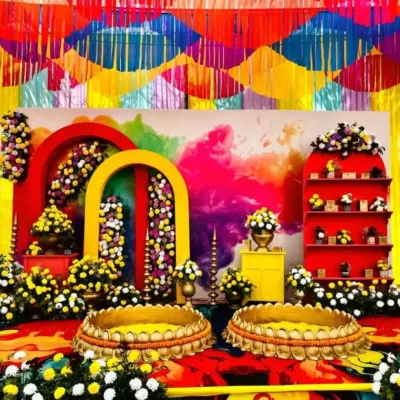 A complete Haldi ceremony stage with a colorful splash-paint backdrop, arched floral frames, and traditional brass urlis filled with marigold petals for the rituals.