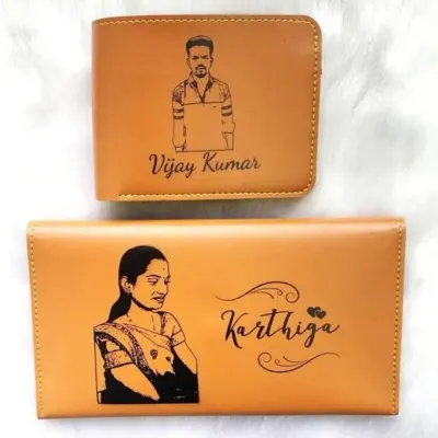 Another example of my couple's sketch wallet set. I can engrave individual portraits and names on a men's wallet and a women's clutch.