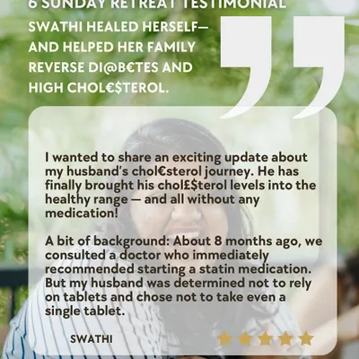 This testimonial from Swathi highlights a journey to reverse high cholesterol without medication. Her husband was determined to avoid statins, and through the dietary changes we worked on, he successfully brought his cholesterol into a healthy range. This is about empowering you to take control of your health.