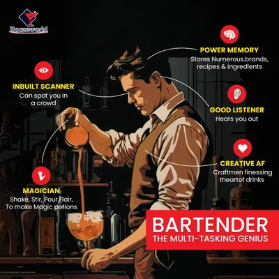 This graphic playfully illustrates the many talents of our bartenders. They are multi-tasking geniuses with a great memory for recipes, a creative flair, and the ability to keep the crowd engaged.