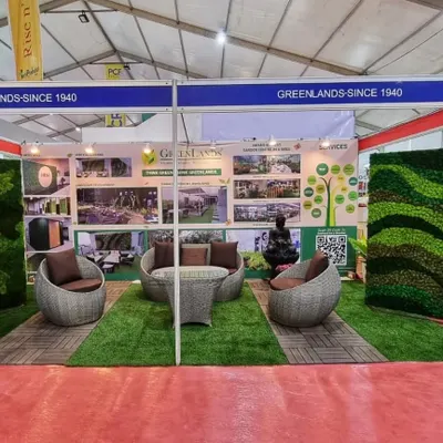 Our complete stall at the HortiProIndia '23 International Exhibition in Pune. We showcased our landscaping services, garden furniture, and stunning preserved moss walls to industry professionals and enthusiasts.