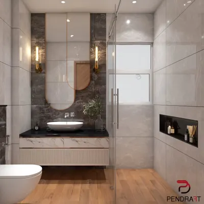 A luxurious bathroom design for a builder floor, featuring a mix of dark and light marble-finish tiles, a floating vanity, and elegant wall sconces for a hotel-like experience.