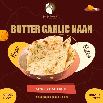Our Butter Garlic Naan comes with 50% extra taste. It is soft, fluffy, and loaded with garlic and butter, fresh from the tandoor.