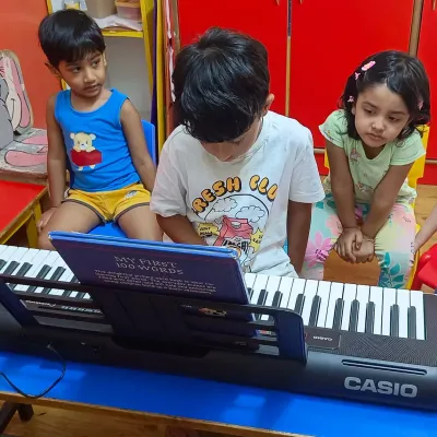 Day 1 of our Music Summer Camp at Podar Prep Pre School in Malad West. Our students are eager to start their musical journey, gathered around the Casio keyboard.
