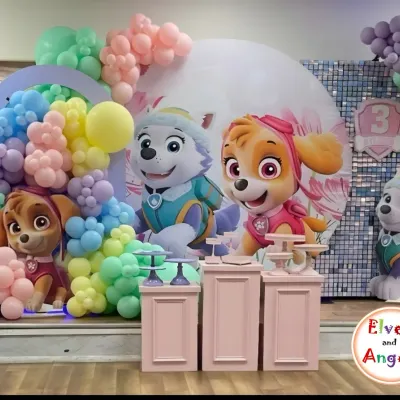 A vibrant Paw Patrol theme for a third birthday, featuring Skye and Everest. The setup includes pastel rainbow balloon arches and character cutouts, creating a perfect stage for the little one's big day.
