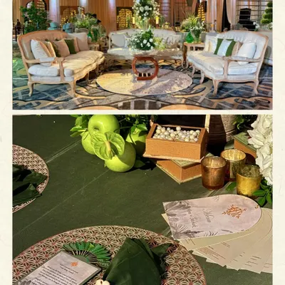 A tablescape that tells a story. For this greenhouse-themed event, we used leaf-folded napkins with pearl rings, custom-shaped menus, and fresh green apples to create a cohesive and refreshing look.