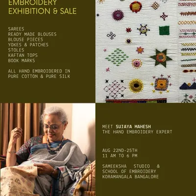 An invitation to my hand embroidery exhibition and sale. I offer a wide range of exclusive, lovingly embroidered items, from sarees and blouses to stoles and bookmarks.