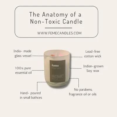The Anatomy of a Non-Toxic Candle. We use only the best ingredients: Indian-grown soy wax, lead-free cotton wicks, and pure essential oils, all hand-poured in small batches.