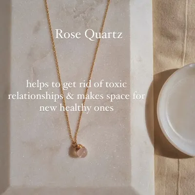 This is my bī́ja Rose Quartz pendant, a simple and powerful stone for attracting love. I designed this piece to help clear out toxic relationships and make space for new, healthy connections to blossom.