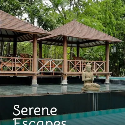 Our serene poolside at Nandi Hills, complete with gazebos and a Buddha statue, is the perfect place to find your peace.